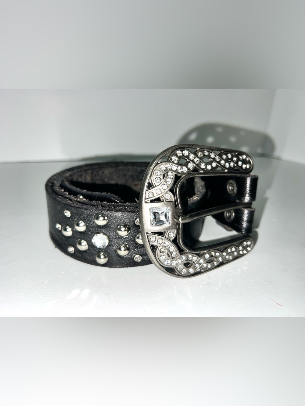 Studded Western Belt with Rhinestone Buckle Black Leather L/XL